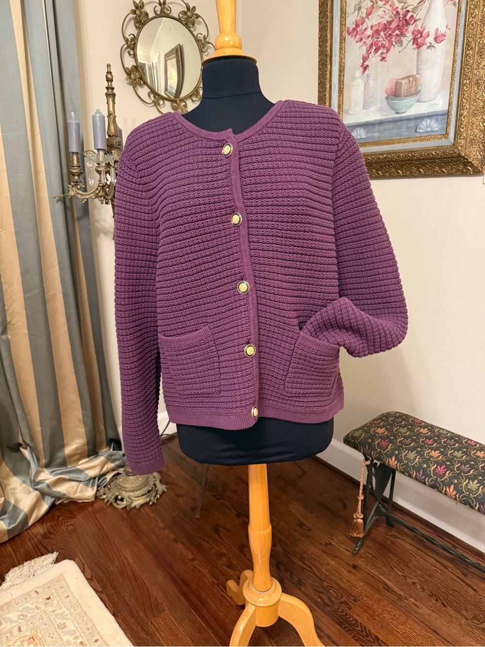CAbi Plum Ribbed Knit Cardigan with Gold Buttons